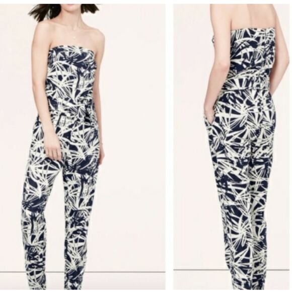 Ann Taylor Loft Strapless Jungle Fever Palm Leaf Jumpsuit Linen Blend Size 6 - Picture 1 of 10